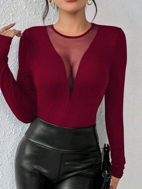 Burgundy Mesh Deep V Long Sleeve Top